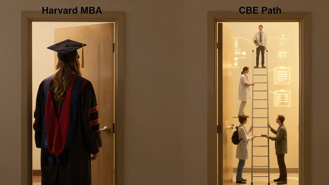 A hallway of career doors, one faded traditional, one glowing with digital credentials and projects.