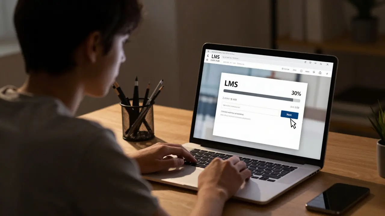 A learner hesitating before clicking next on a course video with a low progress bar on screen.