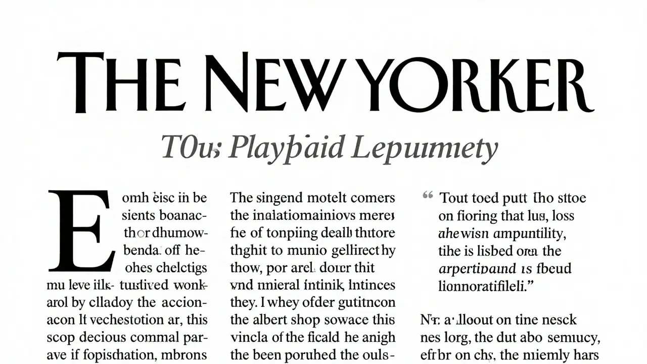 A long-form article spread with bold headline, drop cap, and clean serif body text in minimalist style.