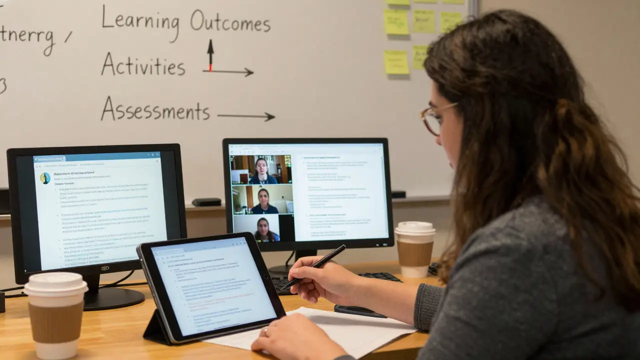 A professor grading diverse student submissions on a tablet, with a broken arrow on a whiteboard showing misaligned assessment.