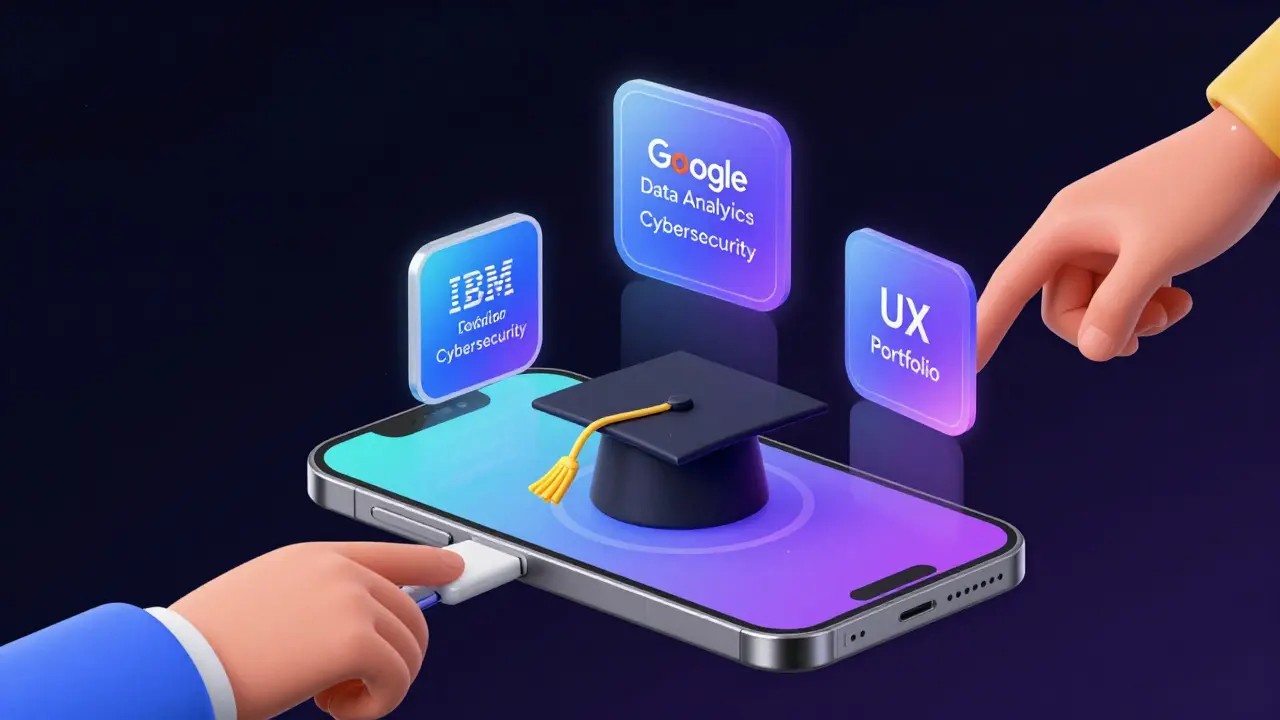 A smartphone with a degree as base and floating digital certification badges as apps.