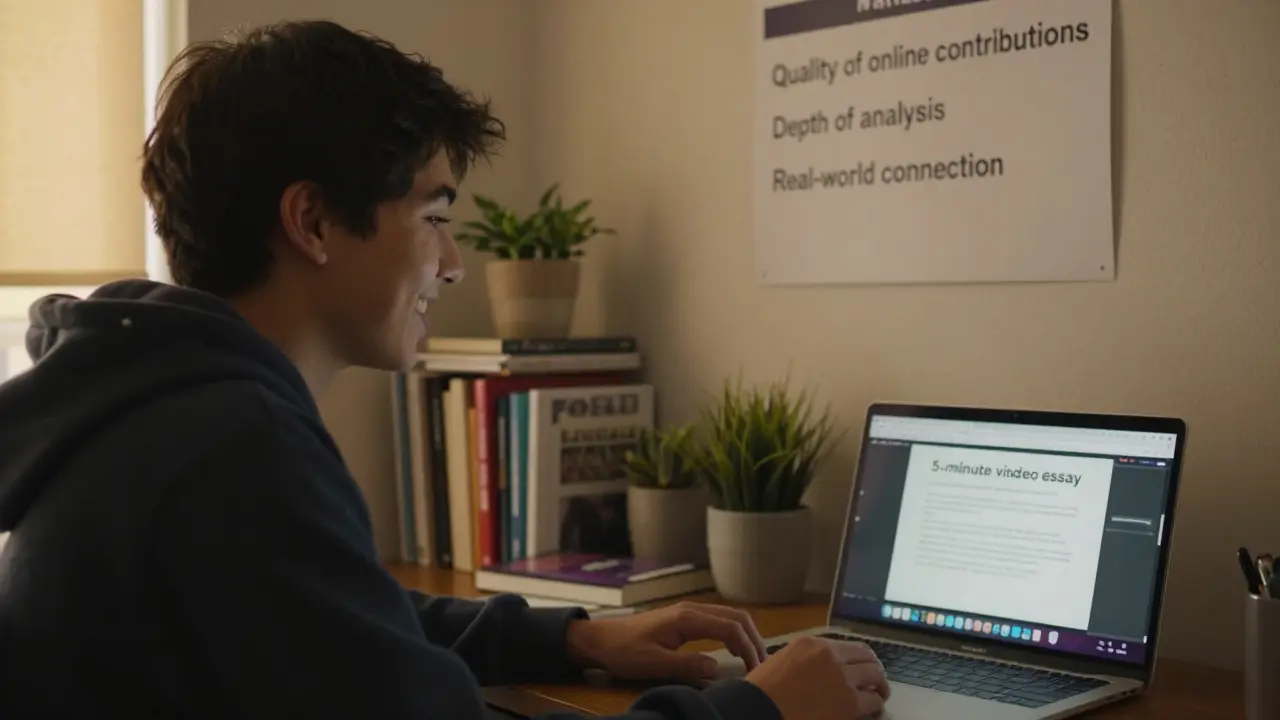 A student recording a video reflection at home, with a rubric poster visible on the wall.