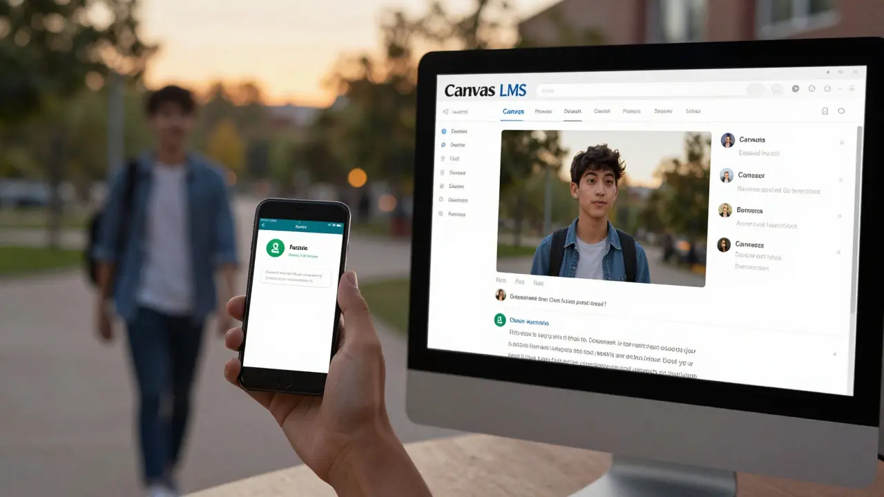 A student recording a voice note on their phone while walking home, syncing seamlessly to a desktop LMS interface.
