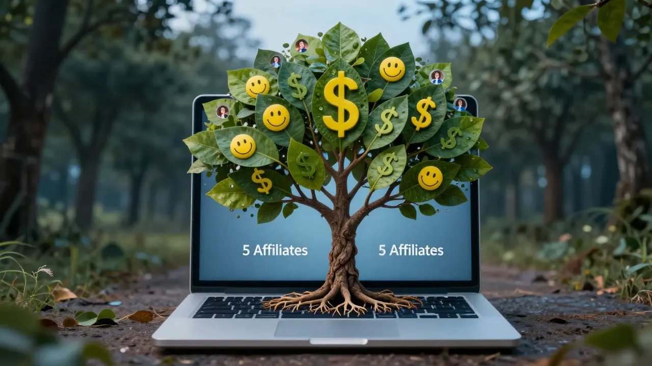 A tree growing from a laptop, with leaves as dollar signs and influencer icons, symbolizing organic affiliate program growth.