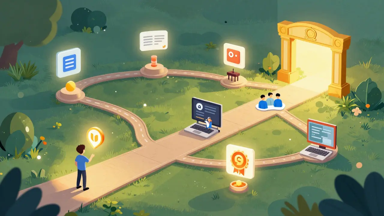 A winding digital path leading from a single course to a thriving community and golden certification gate, illuminated by guiding light.