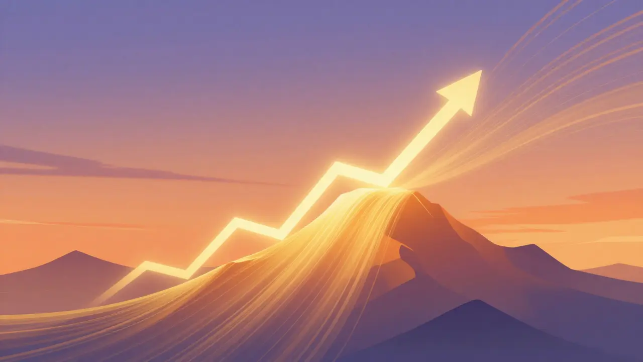 Abstract data streams transforming into a golden mountain at sunset.