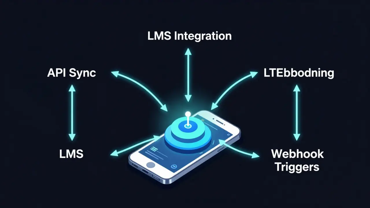 Abstract visual representation of three LMS integration methods as glowing data streams connecting a phone to a central system.