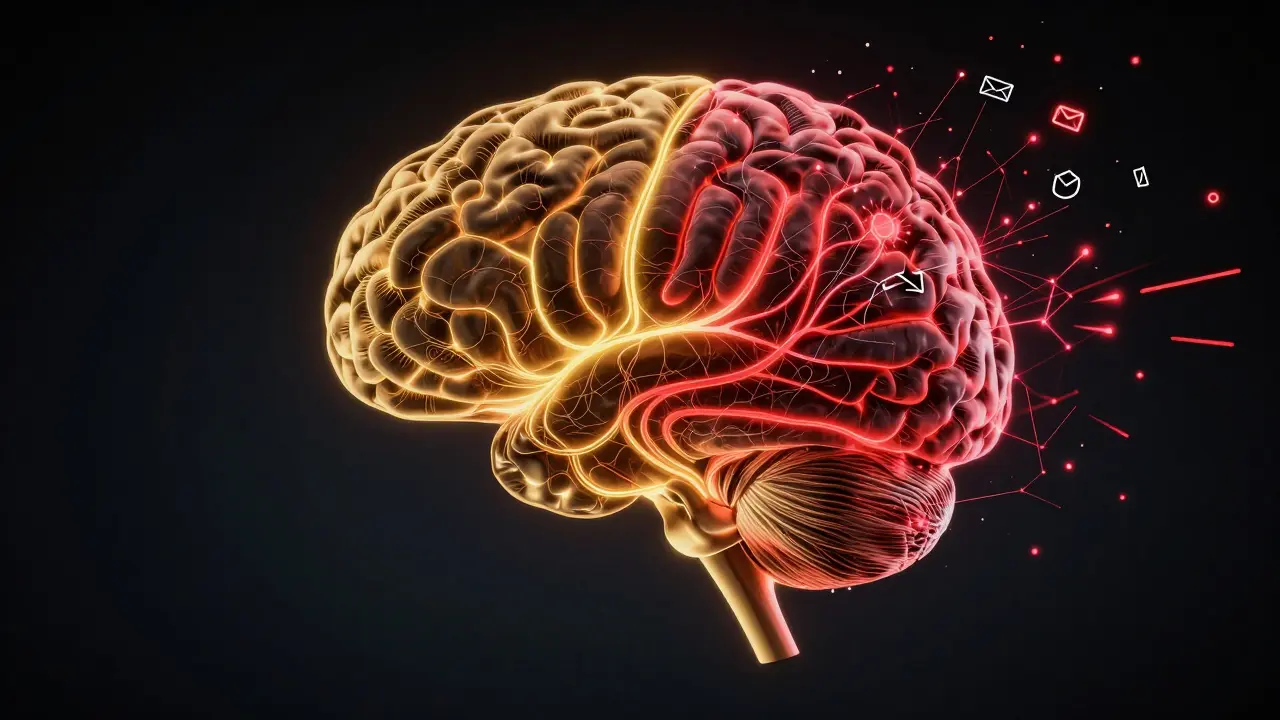 An abstract brain diagram showing focused neural pathways versus chaotic distractions from tasks.