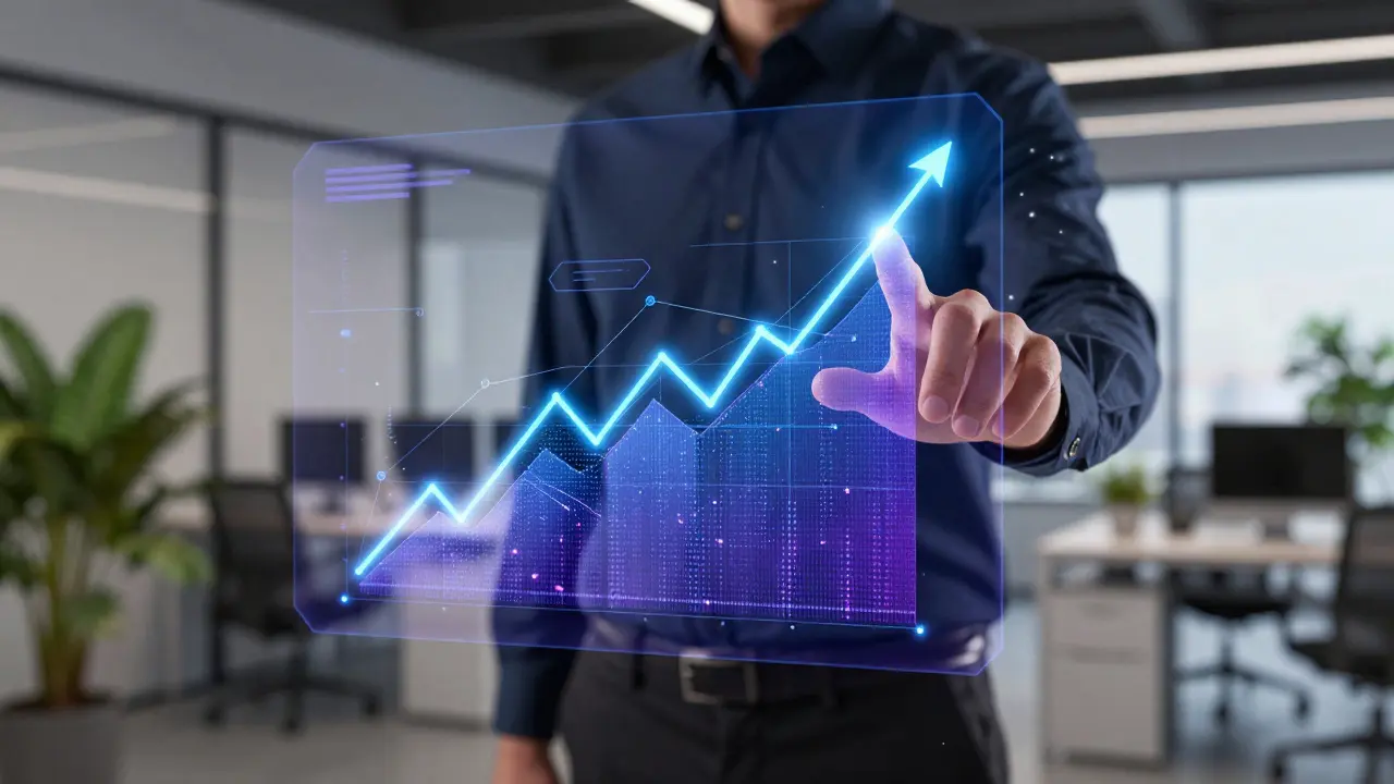 Analyst interacting with floating blue data nodes in office.