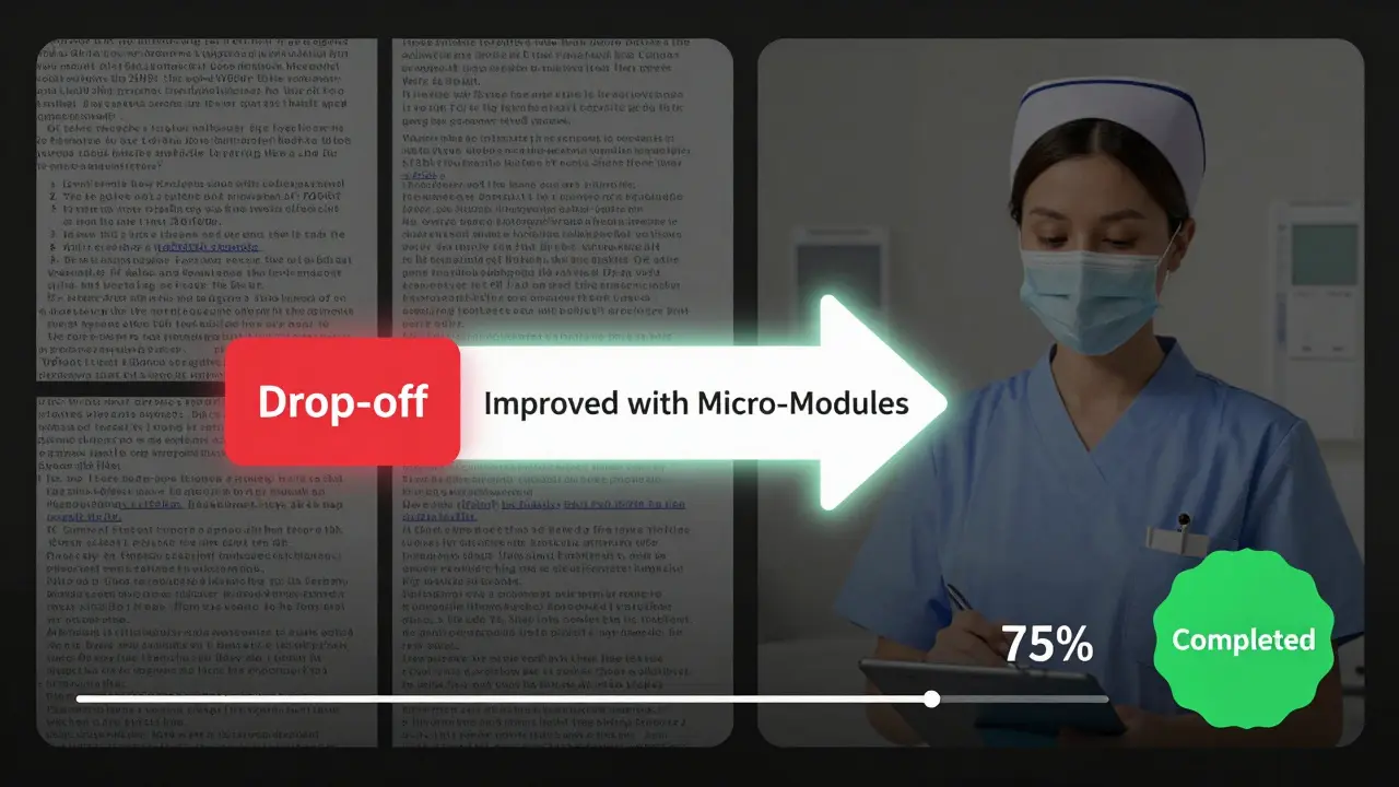 Before and after comparison of a course module with improved design and higher completion rate.