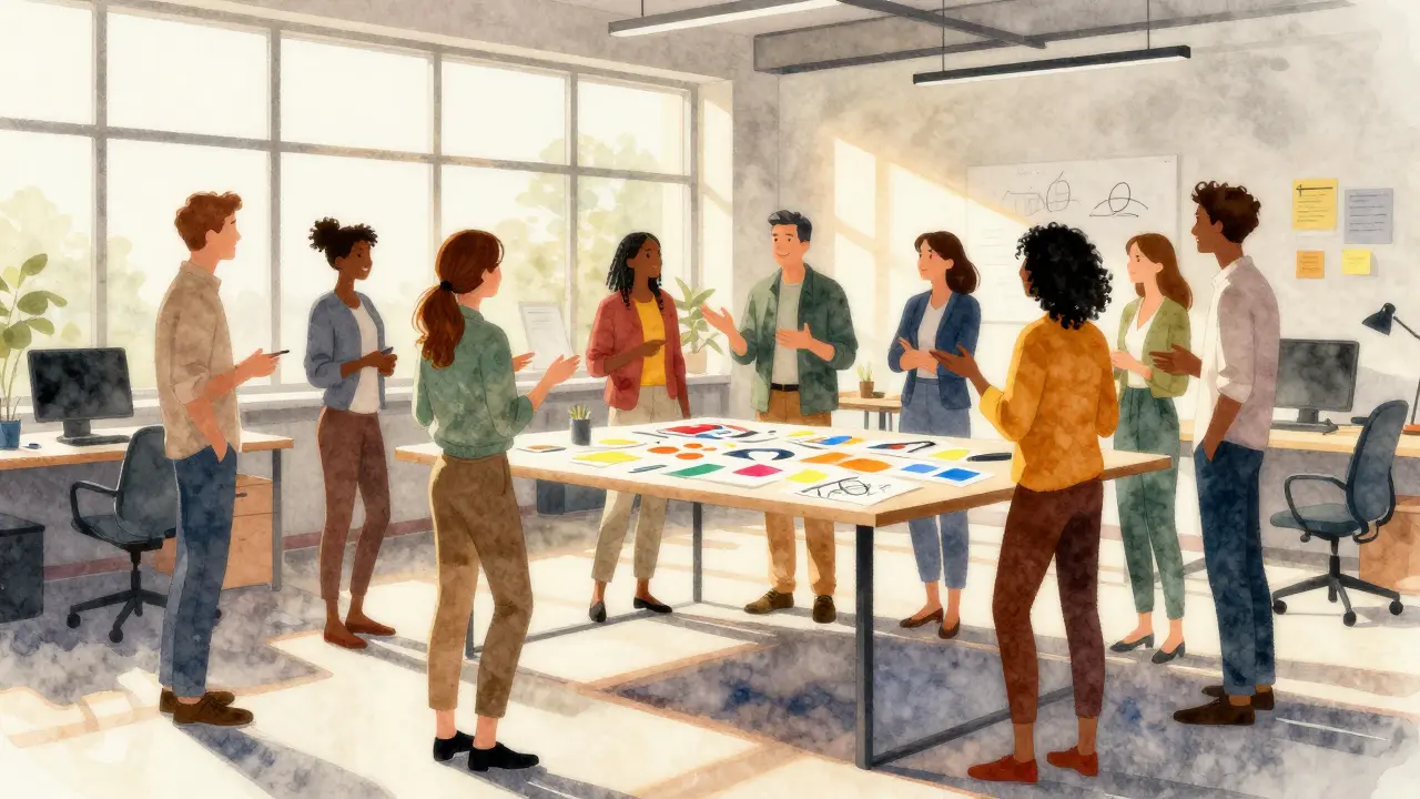 Diverse team collaborating around a table in a sunlit office space.