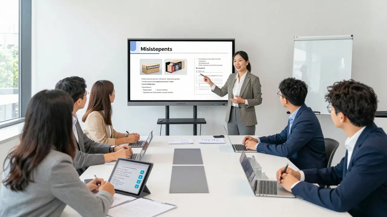 Diverse team participating in an interactive supplier training session with digital case studies.