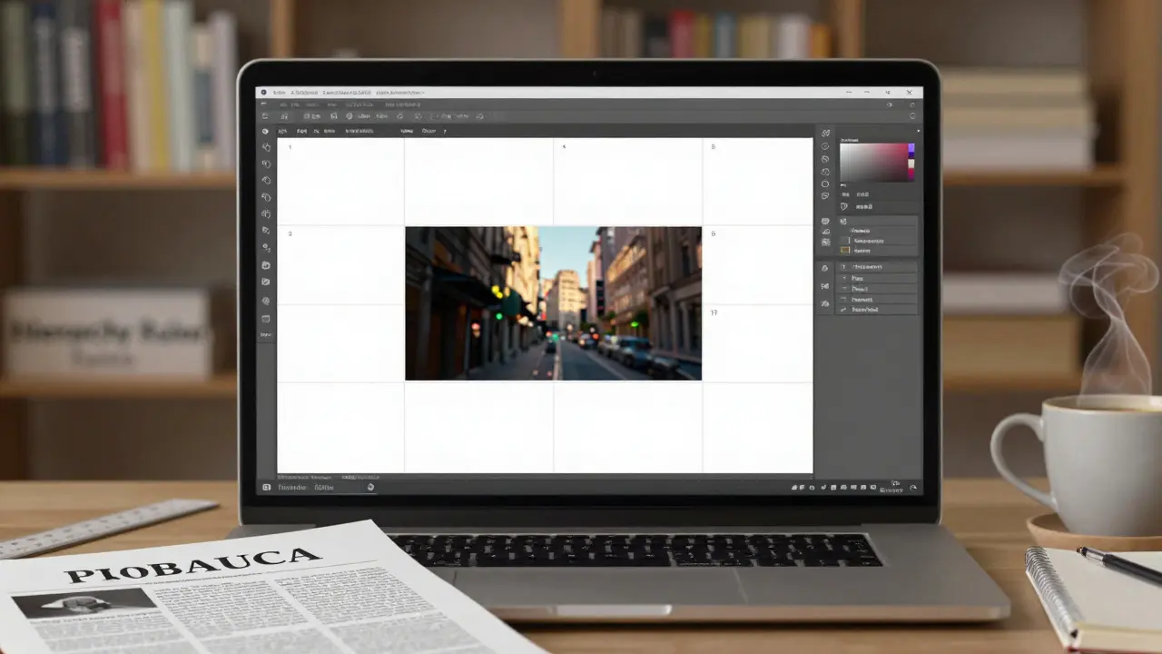 Editorial designer working on a grid-based layout with white space and printed sample on desk.