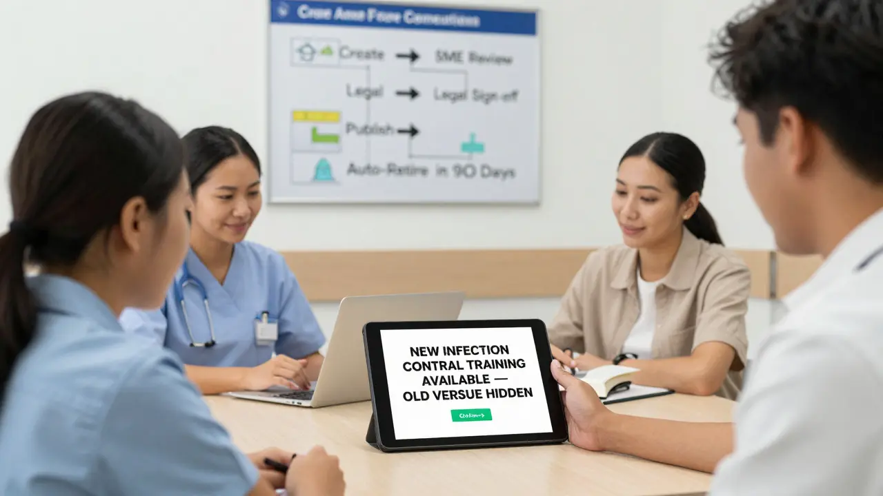 Employees in hospital break room receiving notification about updated training.