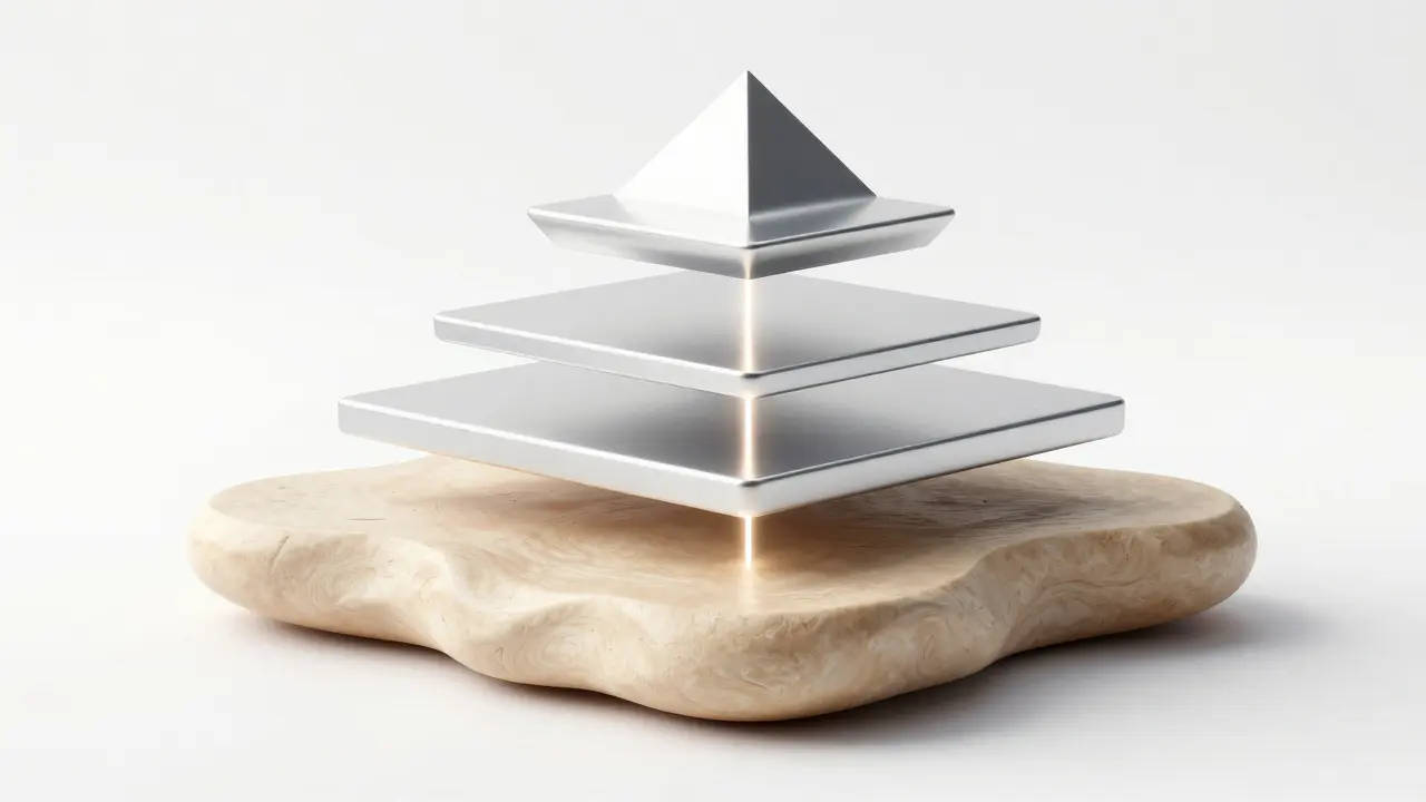 Four stacked geometric platforms with varying textures and lighting.