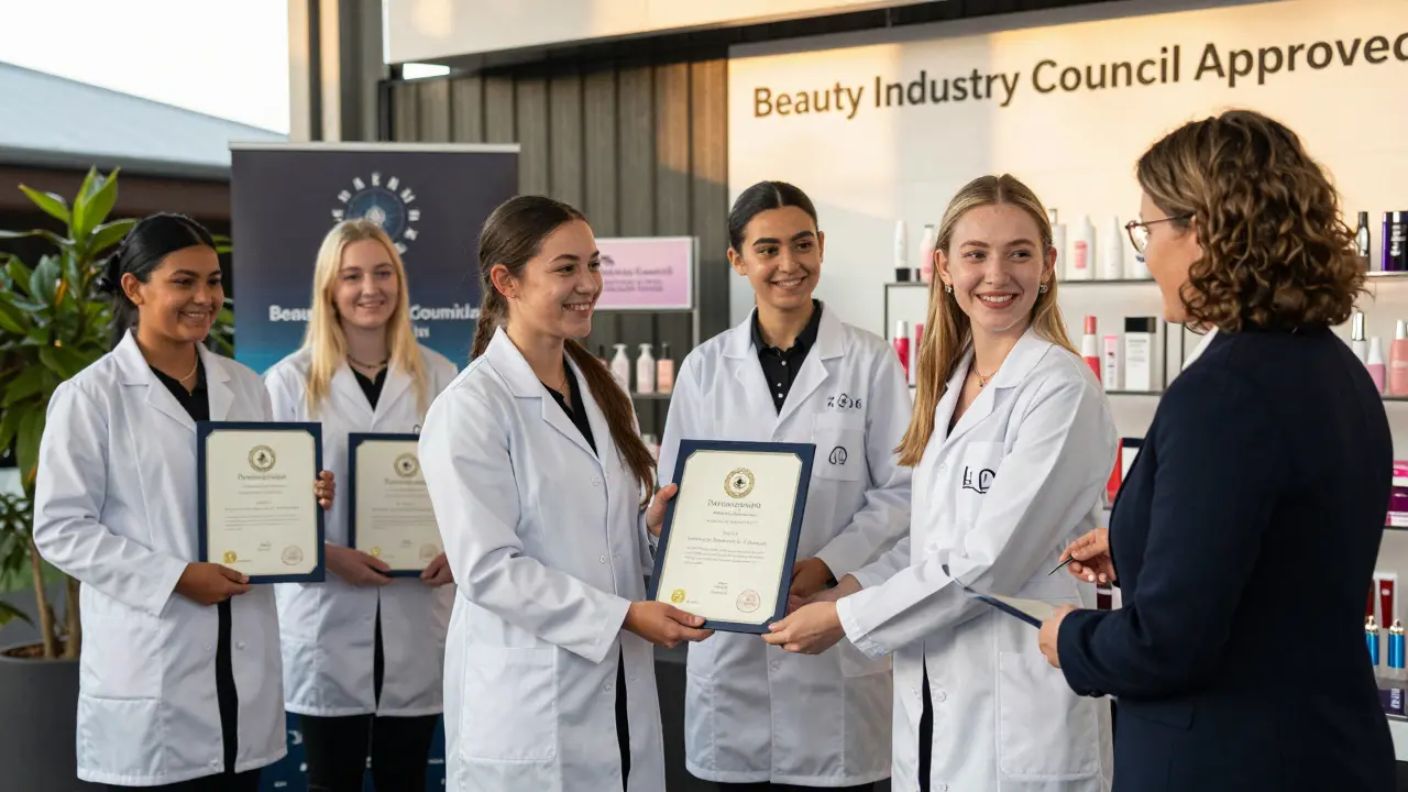 Graduating cosmetology students receiving their licenses at an official certification ceremony.