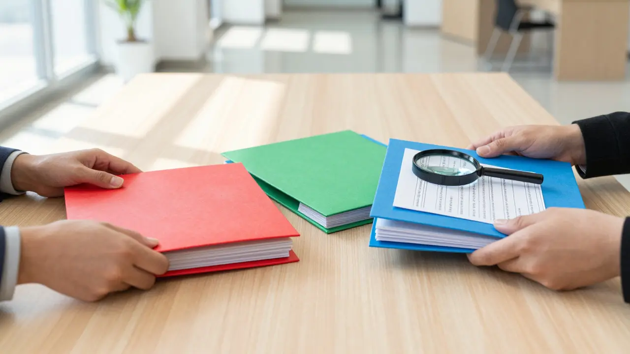 Hands sorting color coded folders to represent data categorization policy.