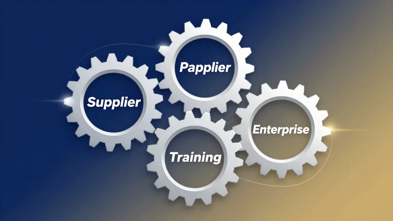 Interconnected gears symbolizing aligned enterprise and partner operations through training.
