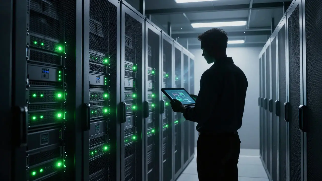 IT specialist monitoring server racks during secure data deletion process.