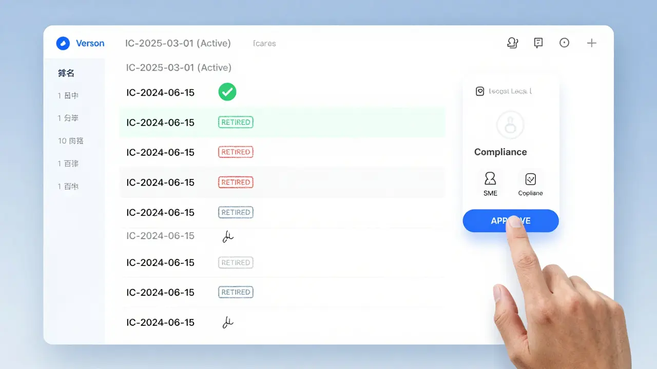 LMS dashboard showing active training version with approval signatures from three roles.
