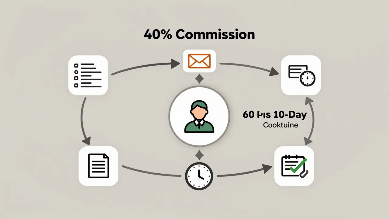 Minimalist flowchart showing how an affiliate program connects a course to sales, commissions, and tracking with a 60-day cookie.