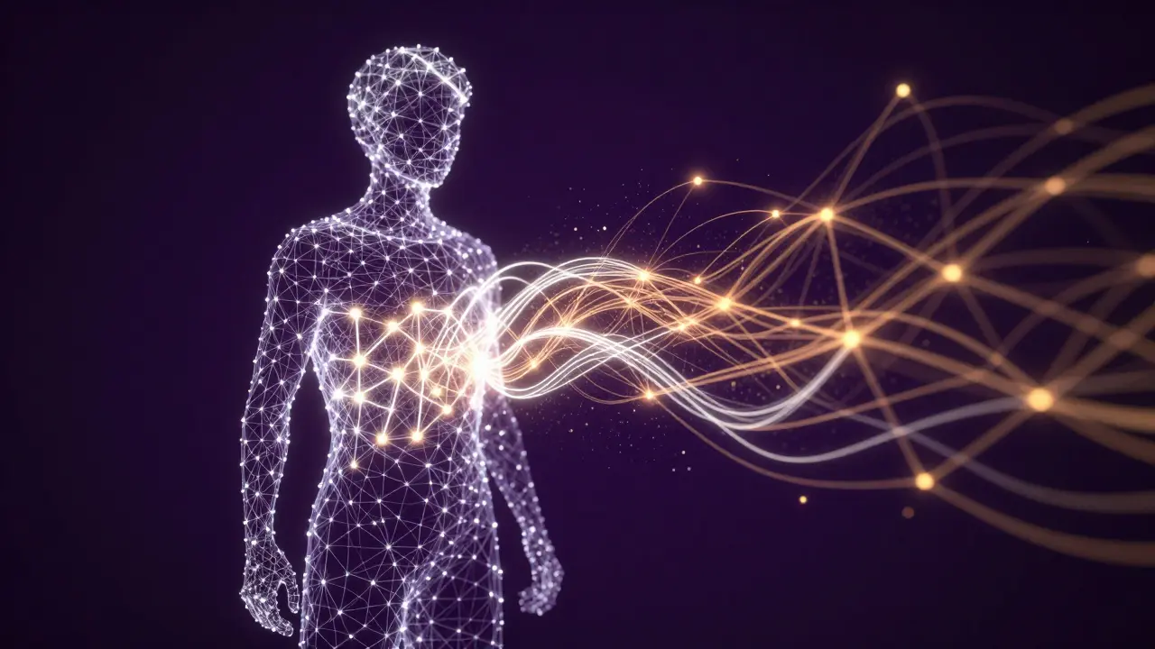 Neural network nodes forming a learner shape against dark background