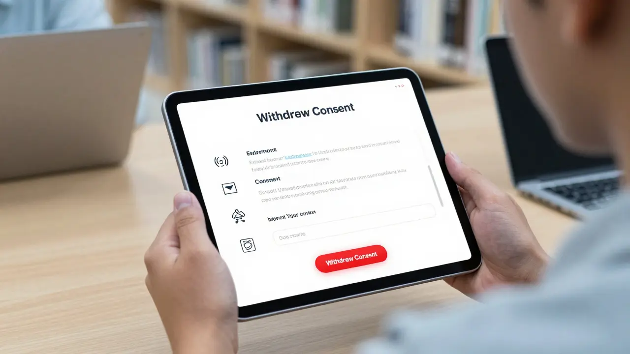 Student signing a digital consent form on a tablet with icons representing recorded data types.