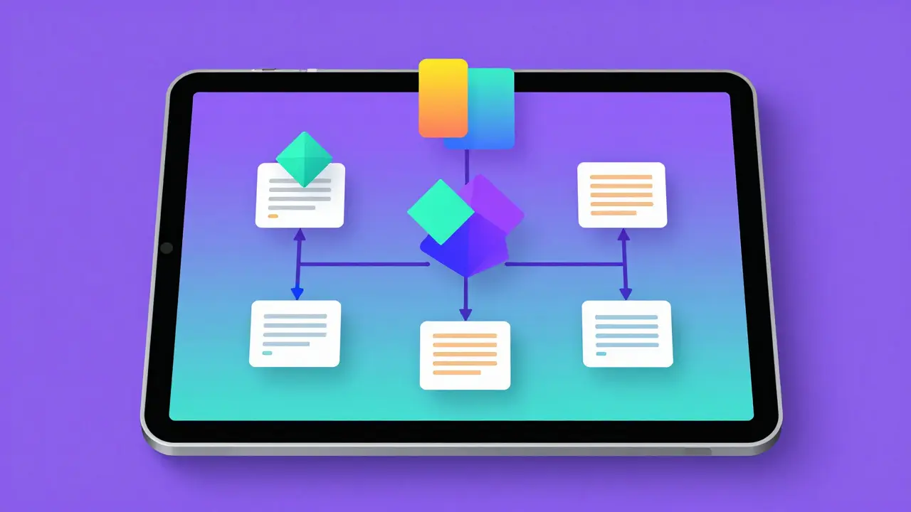 Tablet displaying floating abstract shapes representing online course modules.