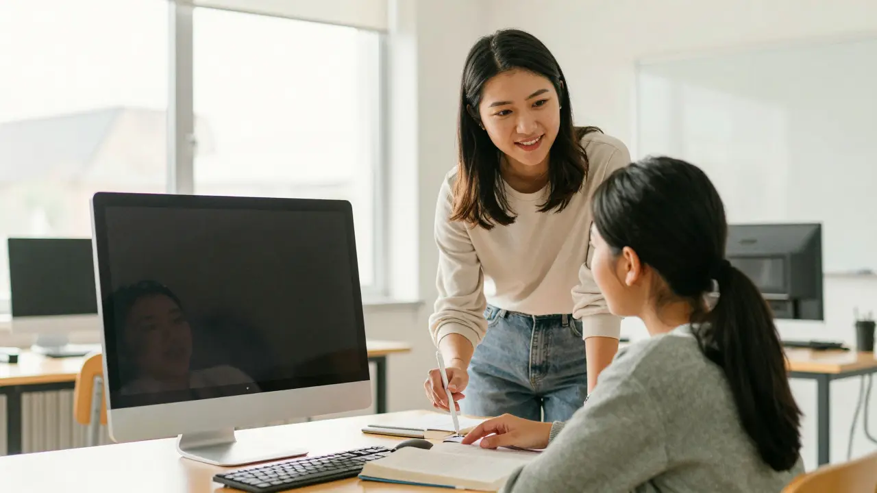 Teacher mentoring student with technology in bright modern classroom