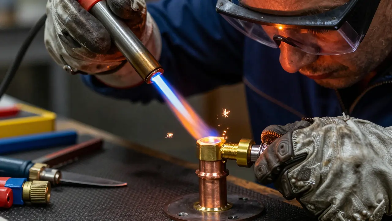 Technician brazing copper pipe with torch flame.