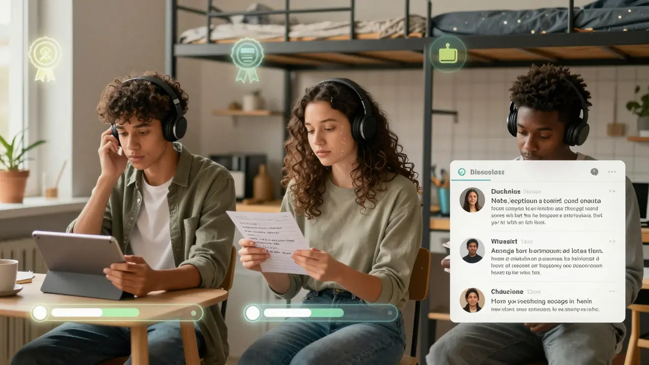 Three learners receive personalized feedback in different home settings, with subtle digital rewards visible.