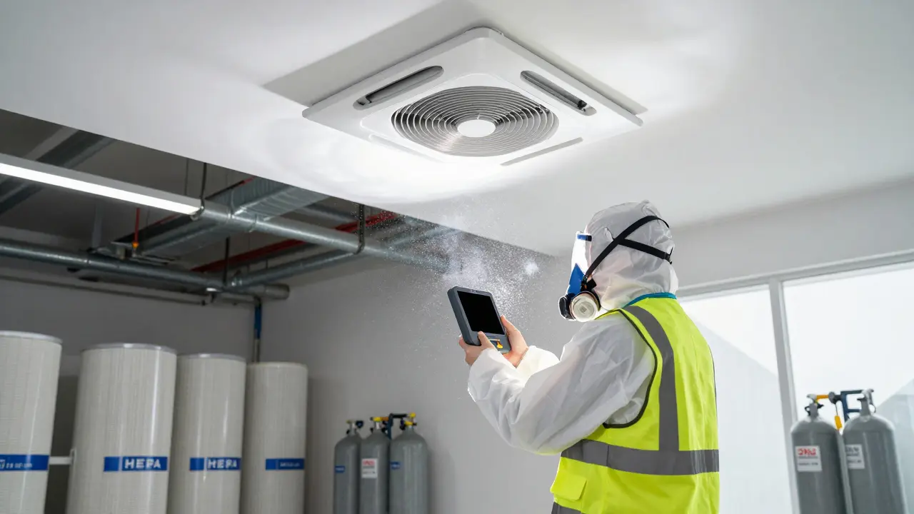 Worker in safety gear inspecting modern ventilation system.