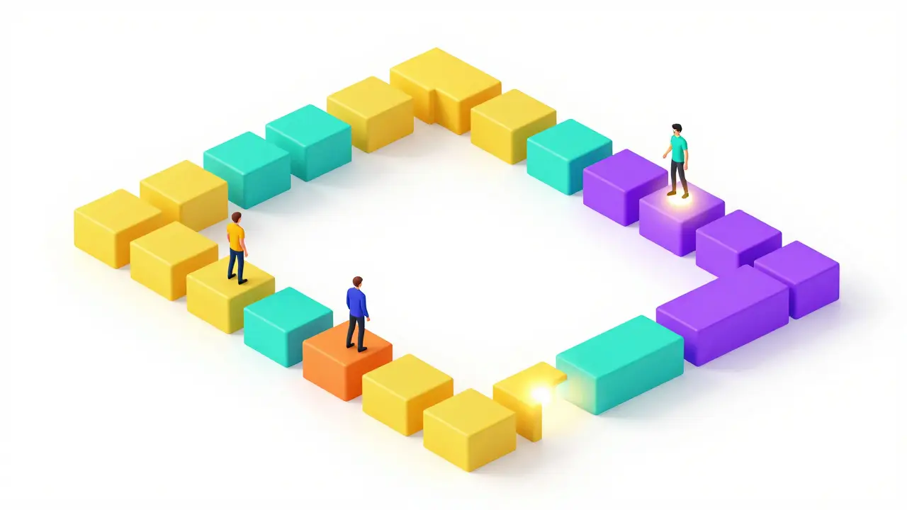 3D isometric view of information being broken into manageable learning modules.