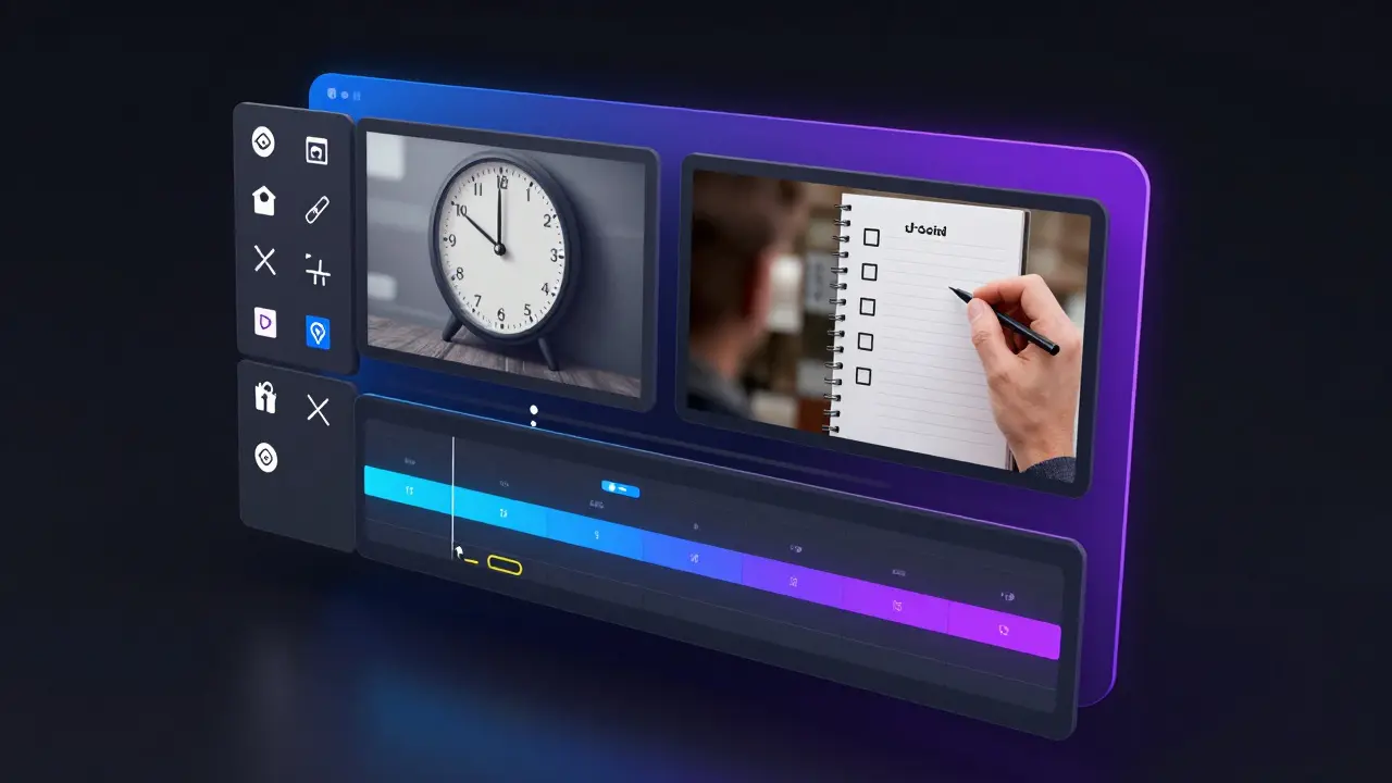 3D visualization of a video editing timeline with slides and stock footage clips