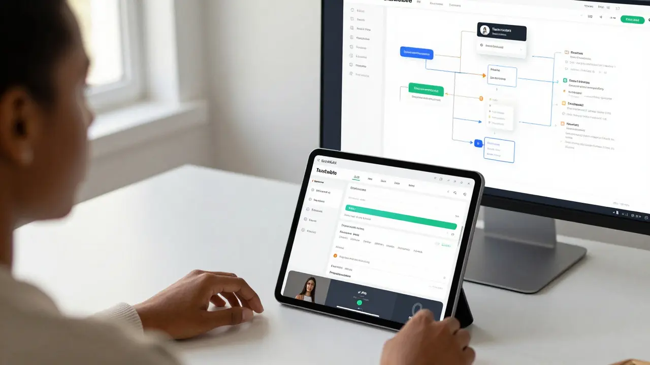 A creator's workspace showing a student course dashboard and a marketing automation map.
