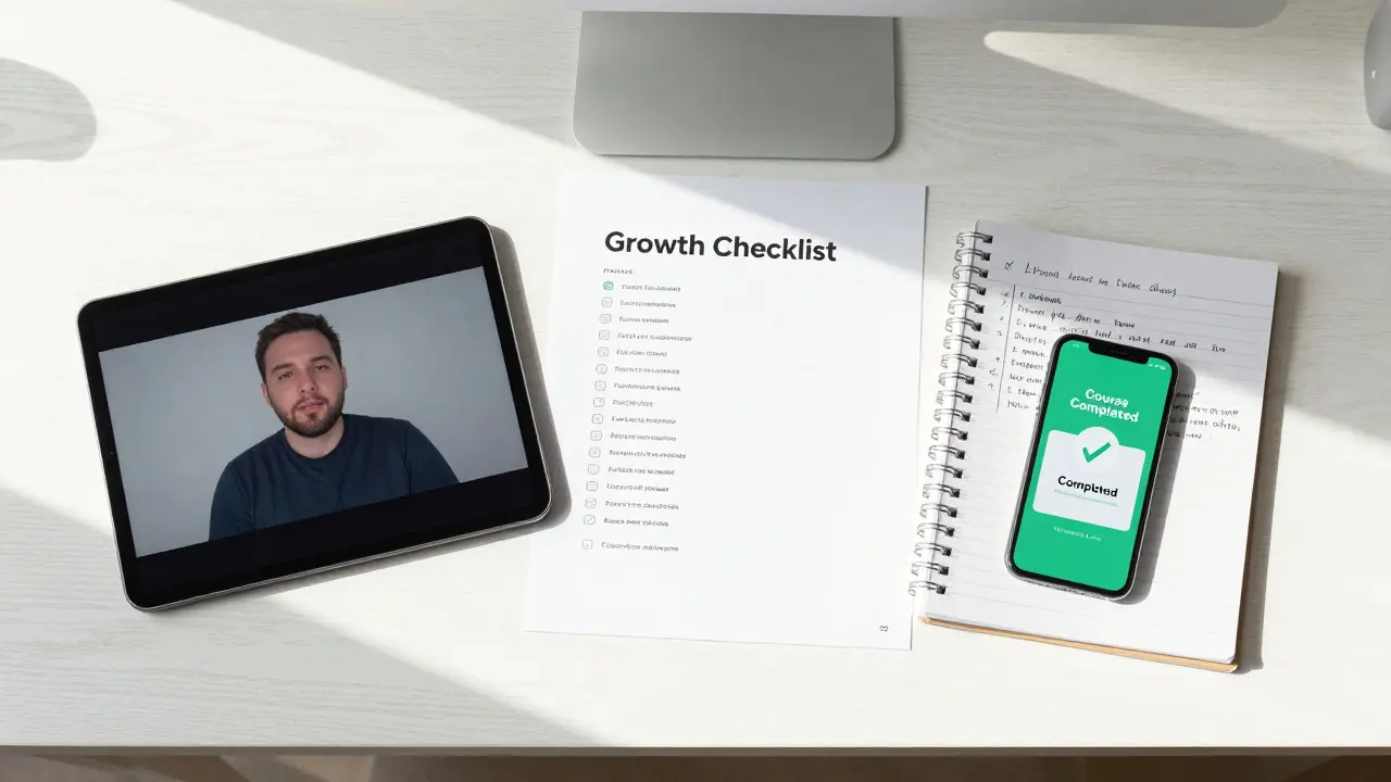 A desk with a checklist and workbook showing the transformation from video to a completed course.