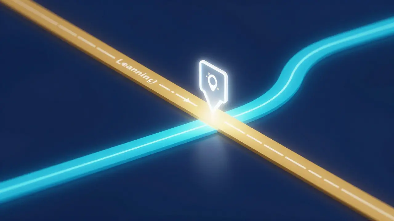 A digital glowing path with a holographic recalculating alert symbol in a futuristic space.