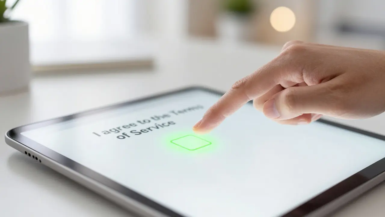 A finger about to check an agreement box on a digital tablet screen.