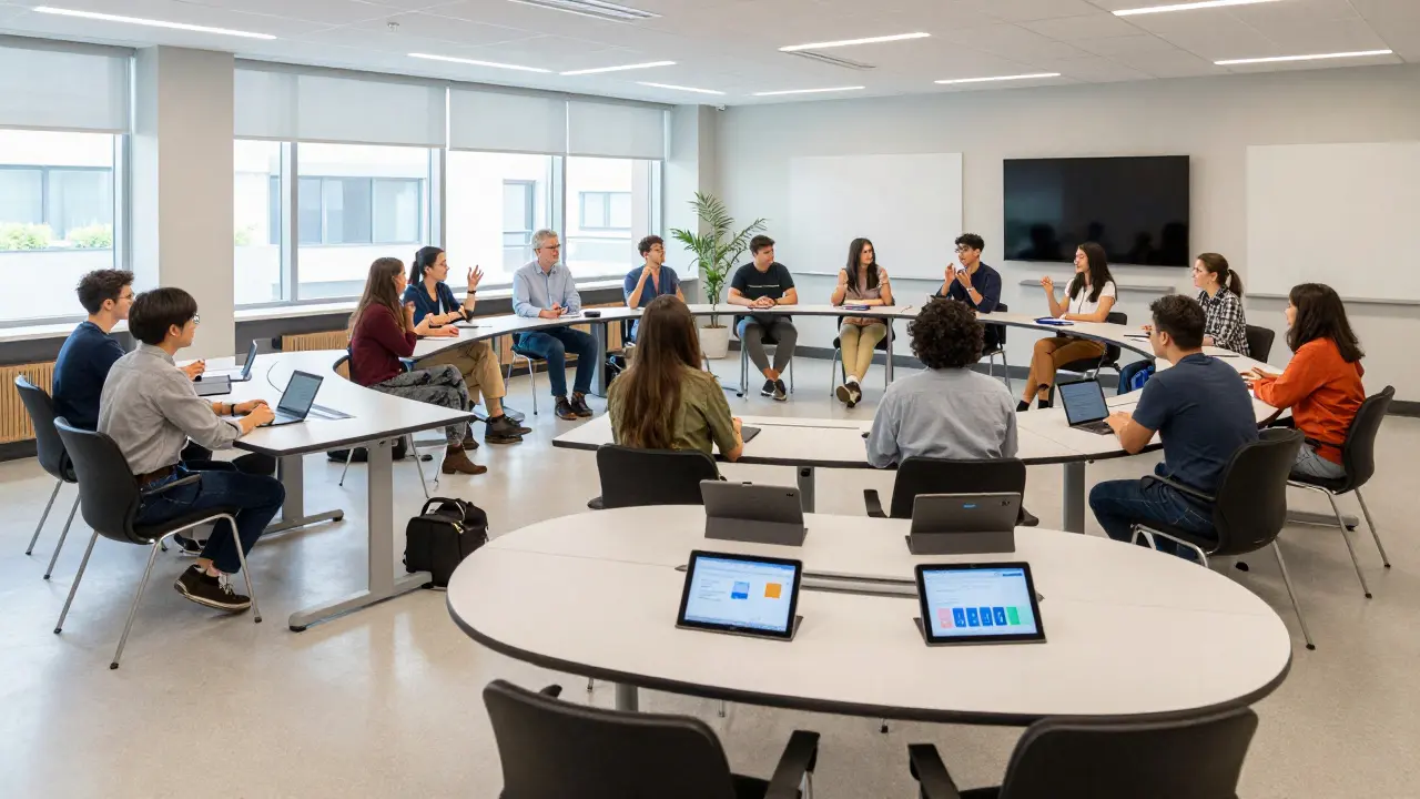 A flexible classroom layout with a student catch-up zone and a large group discussion circle.