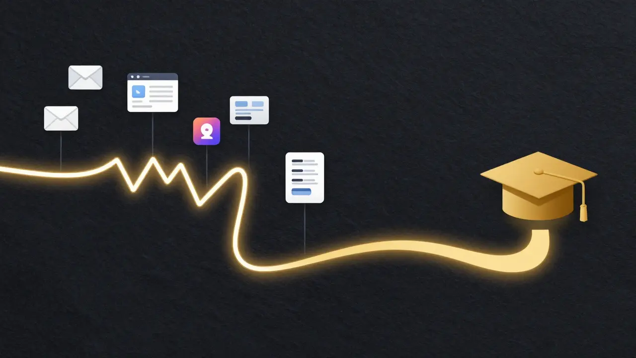 A glowing golden line showing a seamless customer journey from social media to a course.