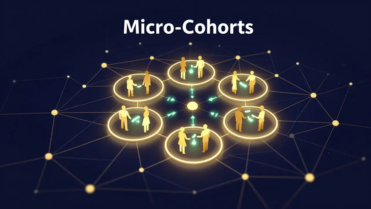 A small, glowing group of connected people within a larger network, illustrating a micro-cohort.