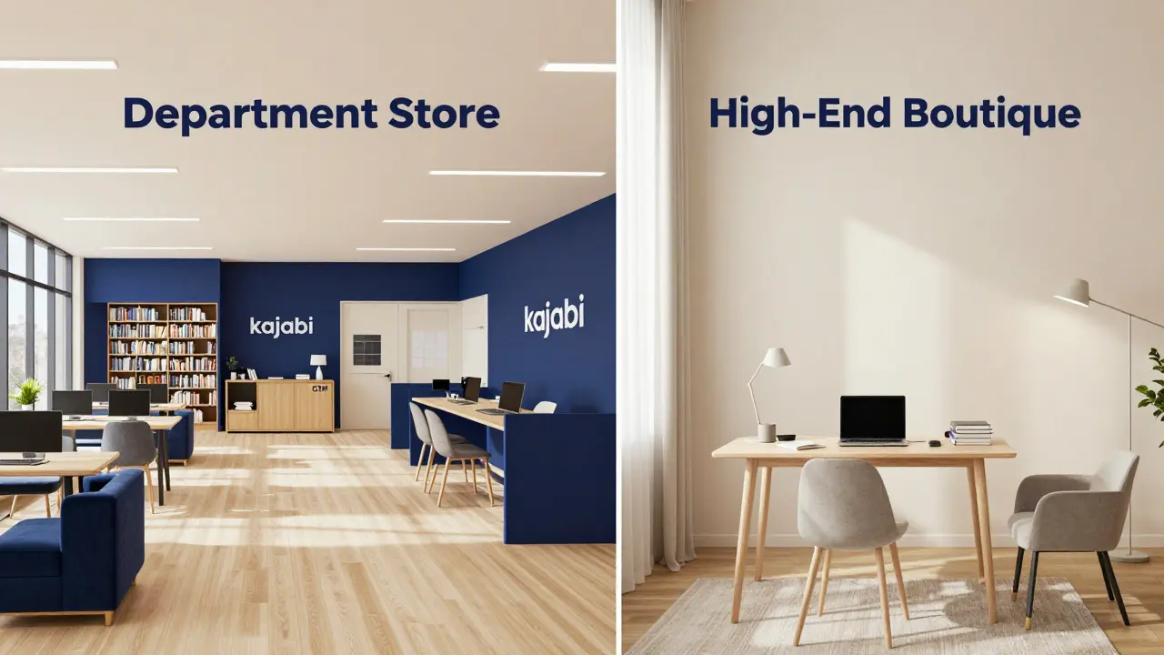 A split view of a large department store and a small, focused course boutique.