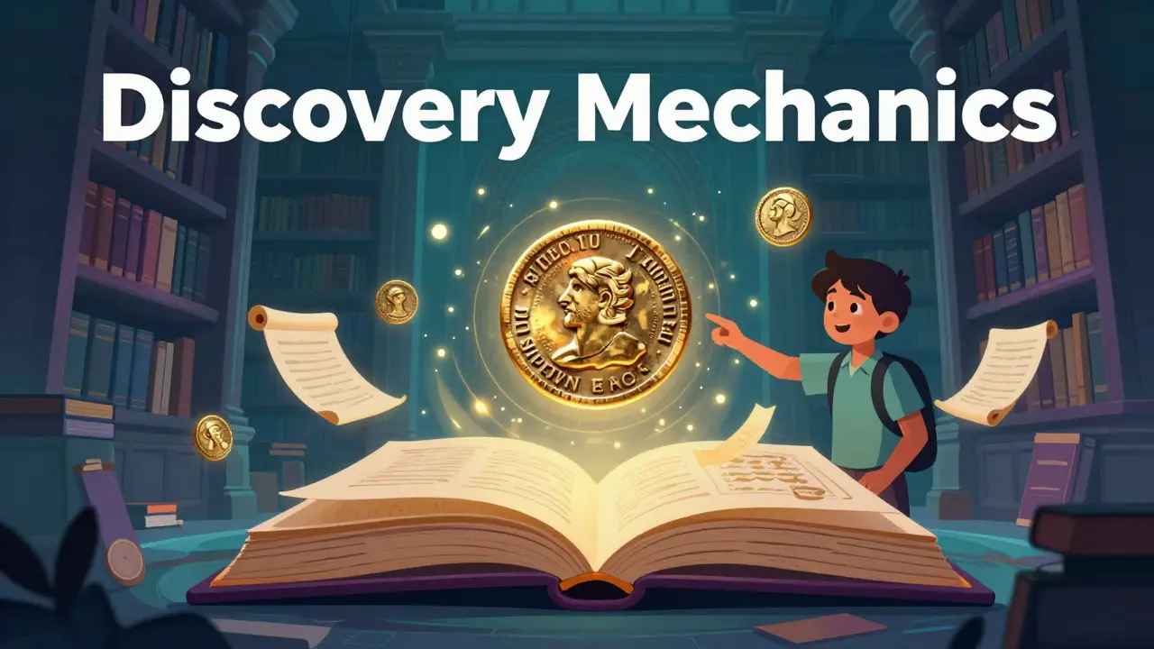 A student uncovering a secret digital archive by clicking a holographic ancient coin.