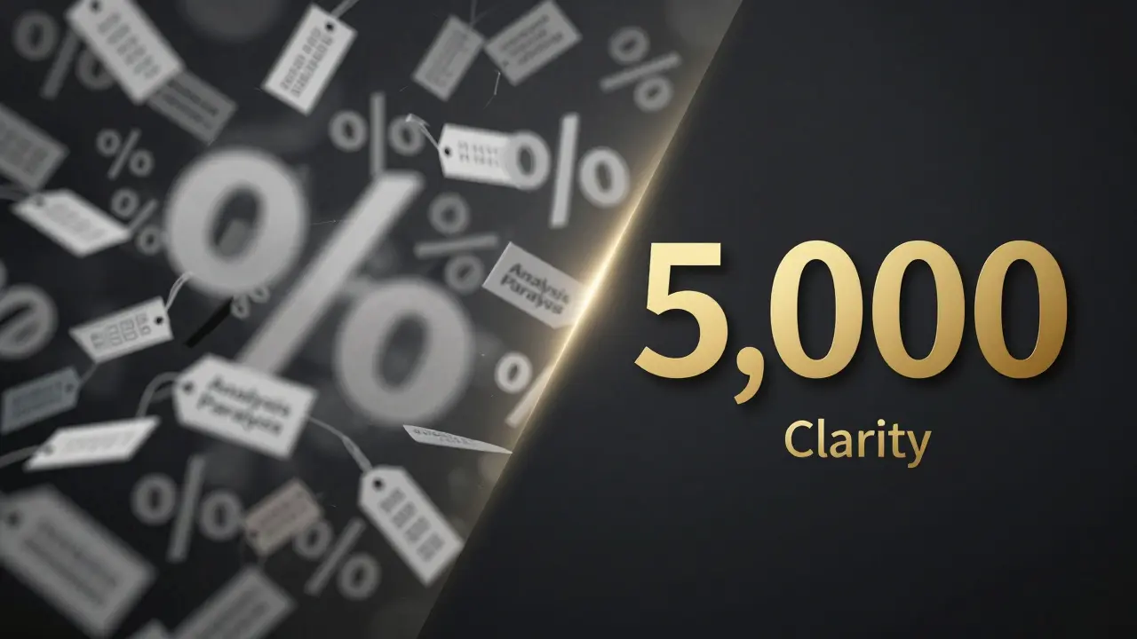 A visual contrast between a chaotic cloud of price tags and one clear, prestigious number.