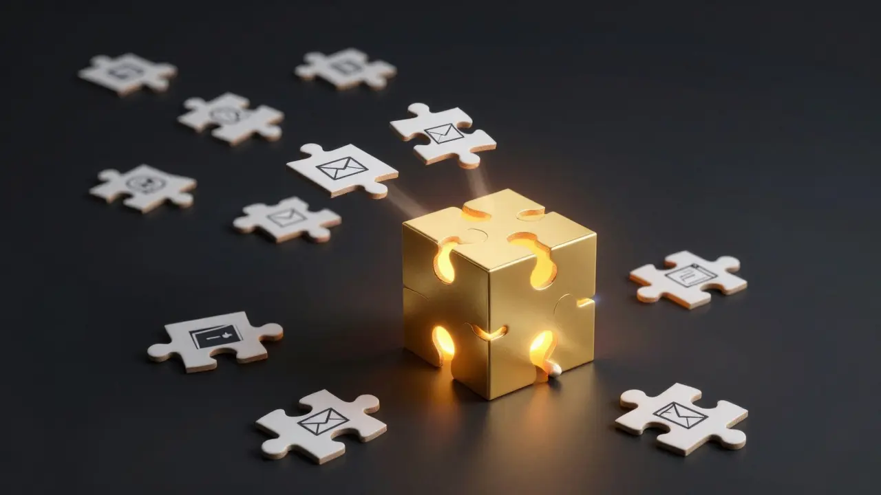 Abstract visualization of different business tools merging into one unified system.