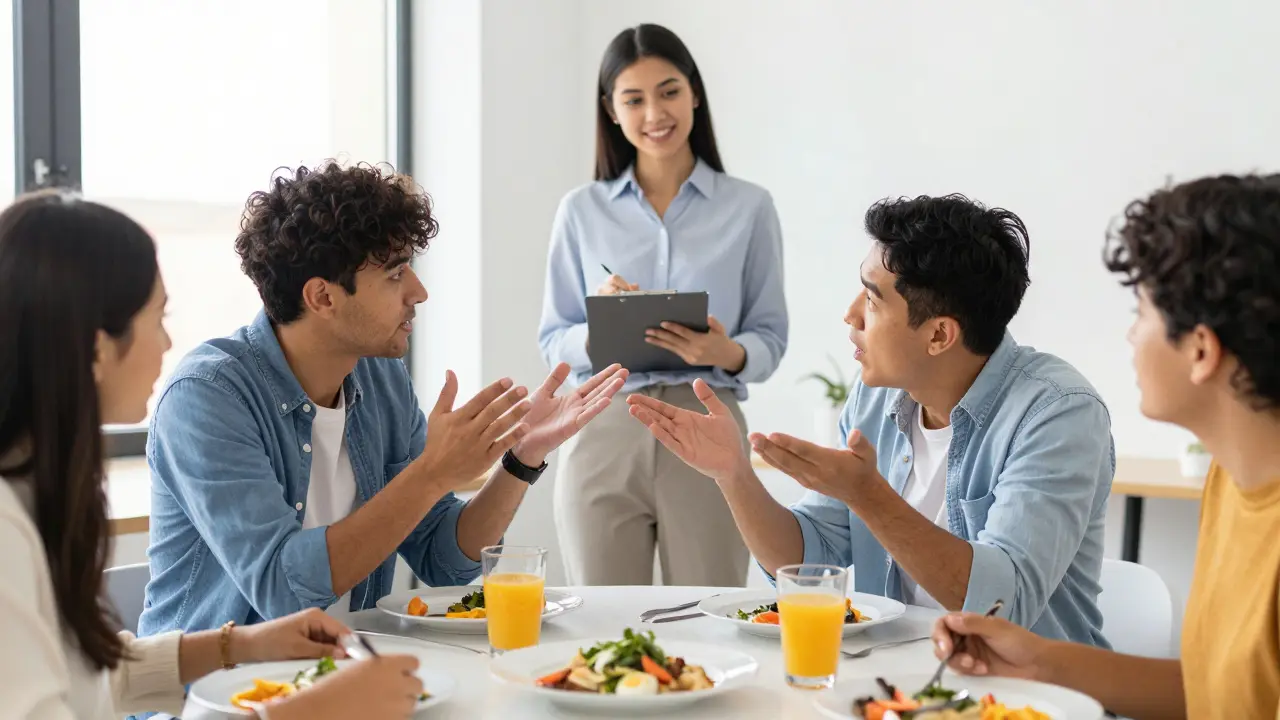 Adult students practicing a real-world restaurant simulation in a bright, modern classroom.