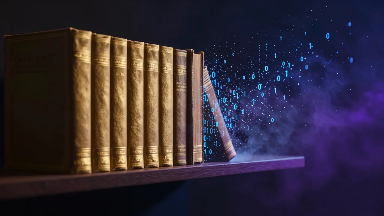 Books dissolving into particles representing knowledge decay