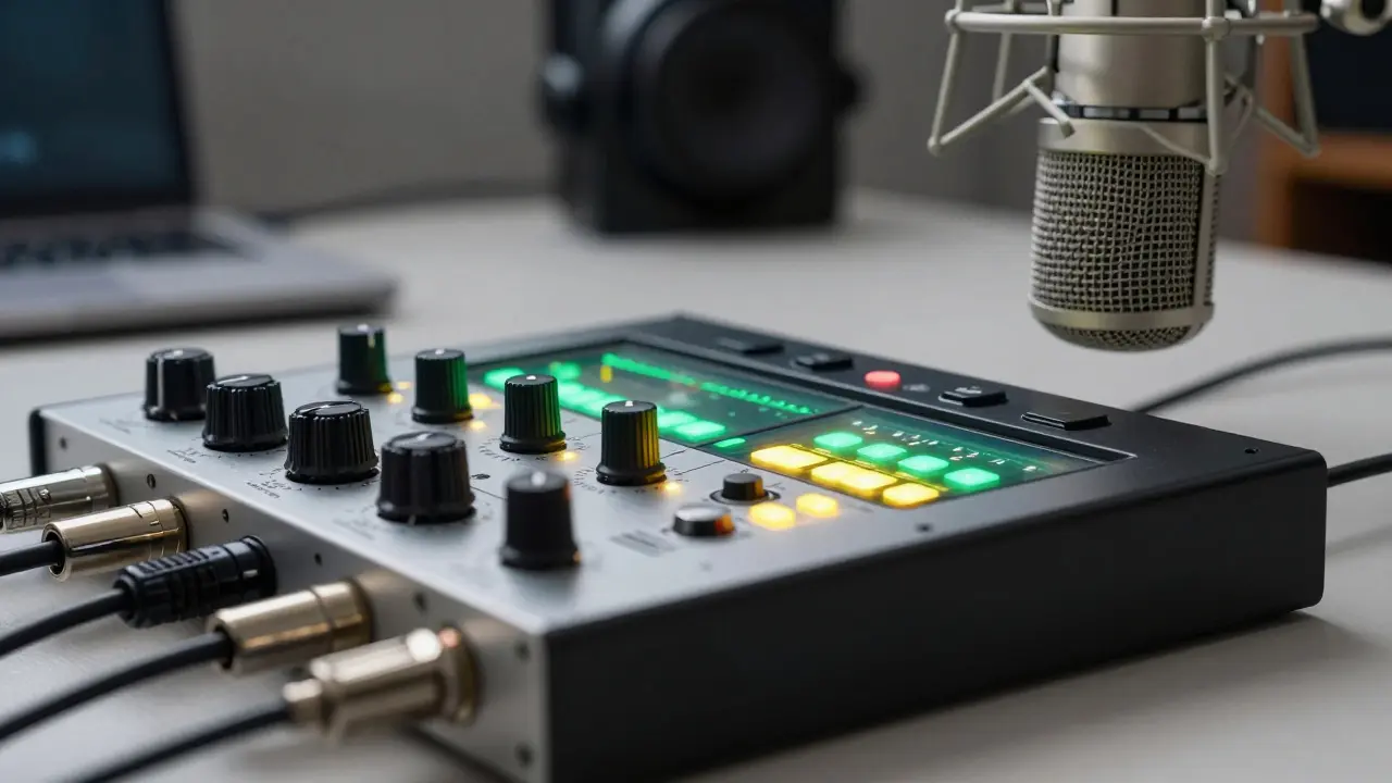 Close-up of an audio interface with glowing signal meters and a condenser microphone in a studio.