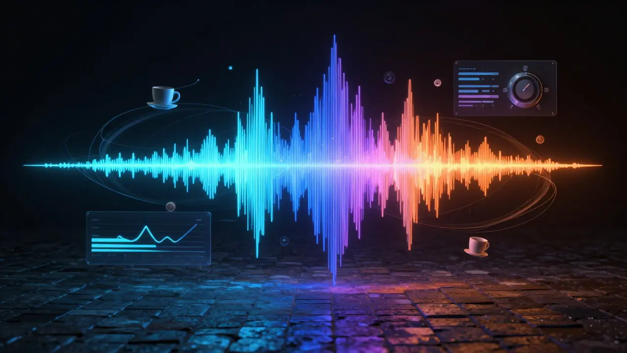 Conceptual 3D render of a digital audio waveform with floating EQ and sound design elements.