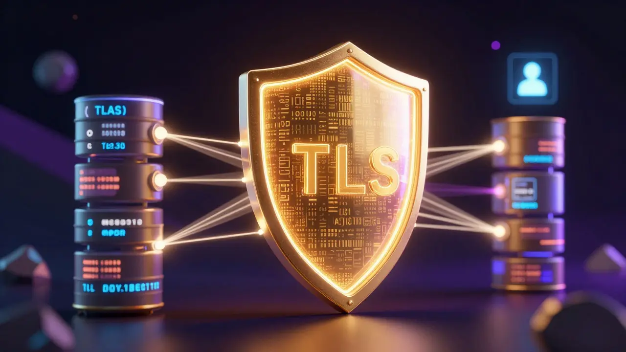 Conceptual 3D visualization of a golden shield protecting encrypted data blocks